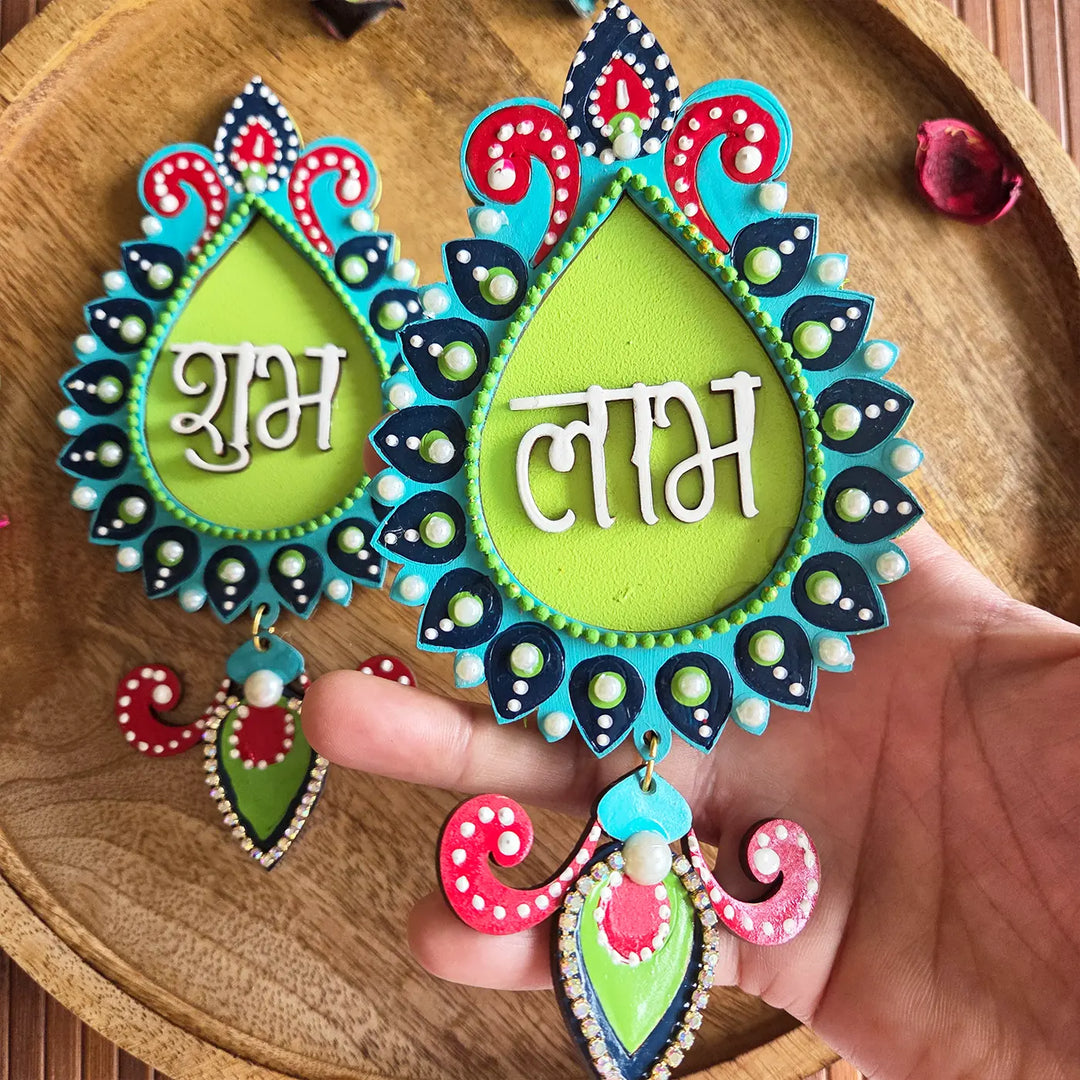 Hand-Painted Dot Art Peacock Theme MDF Wood Shubh Labh Hangings | Set Of 2