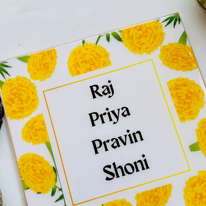 Yellow Marigold Personalized Framed Square Resin Name Plate