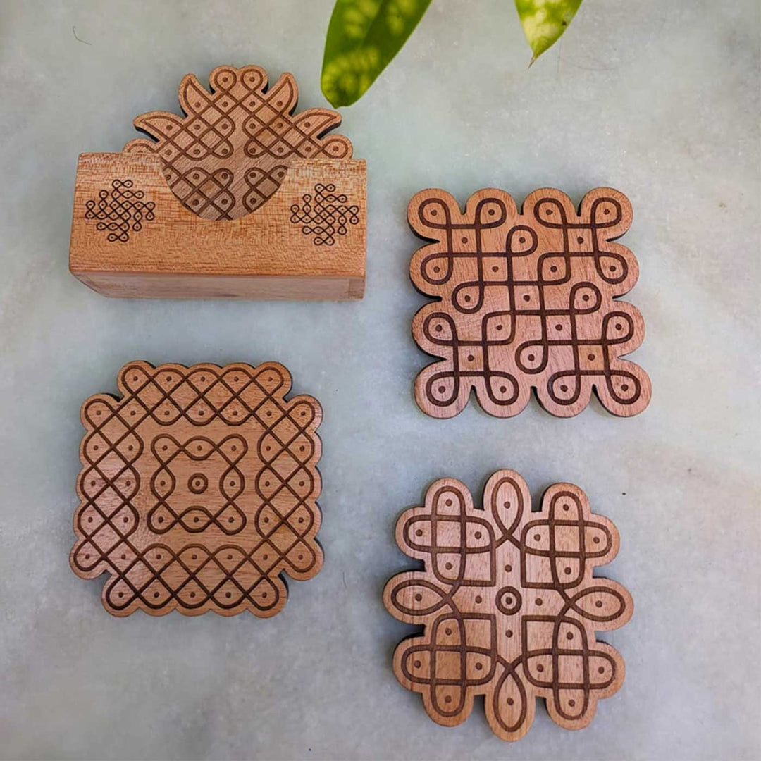 4 pc | Engraved Mahogany Wood Kolam Coasters With Holder For Coffee Table & Dining Decor
