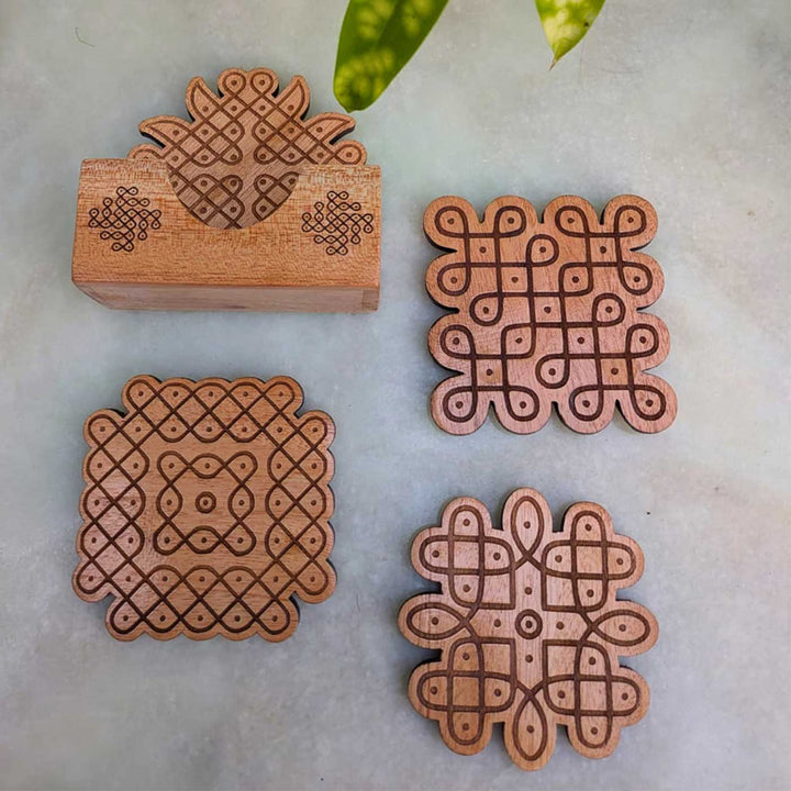 4 pc | Engraved Mahogany Wood Kolam Coasters With Holder For Coffee Table & Dining Decor