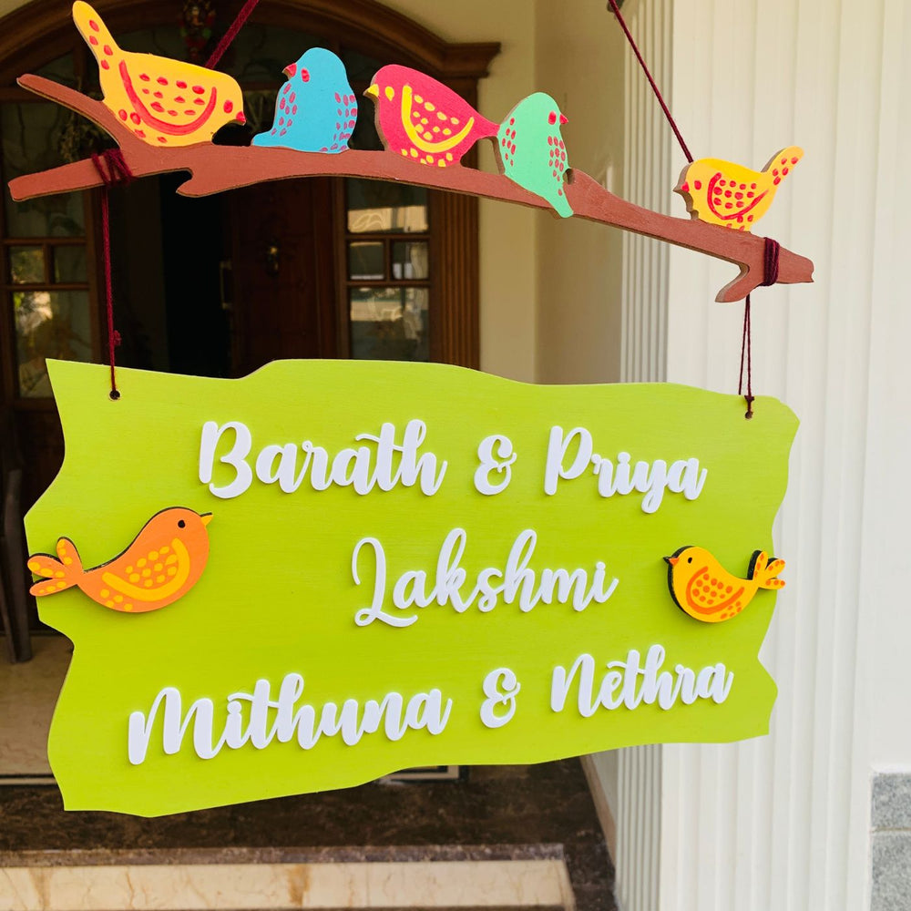 Personalized Sparrow Family Plank Nameplate - Hanging Front View with Names