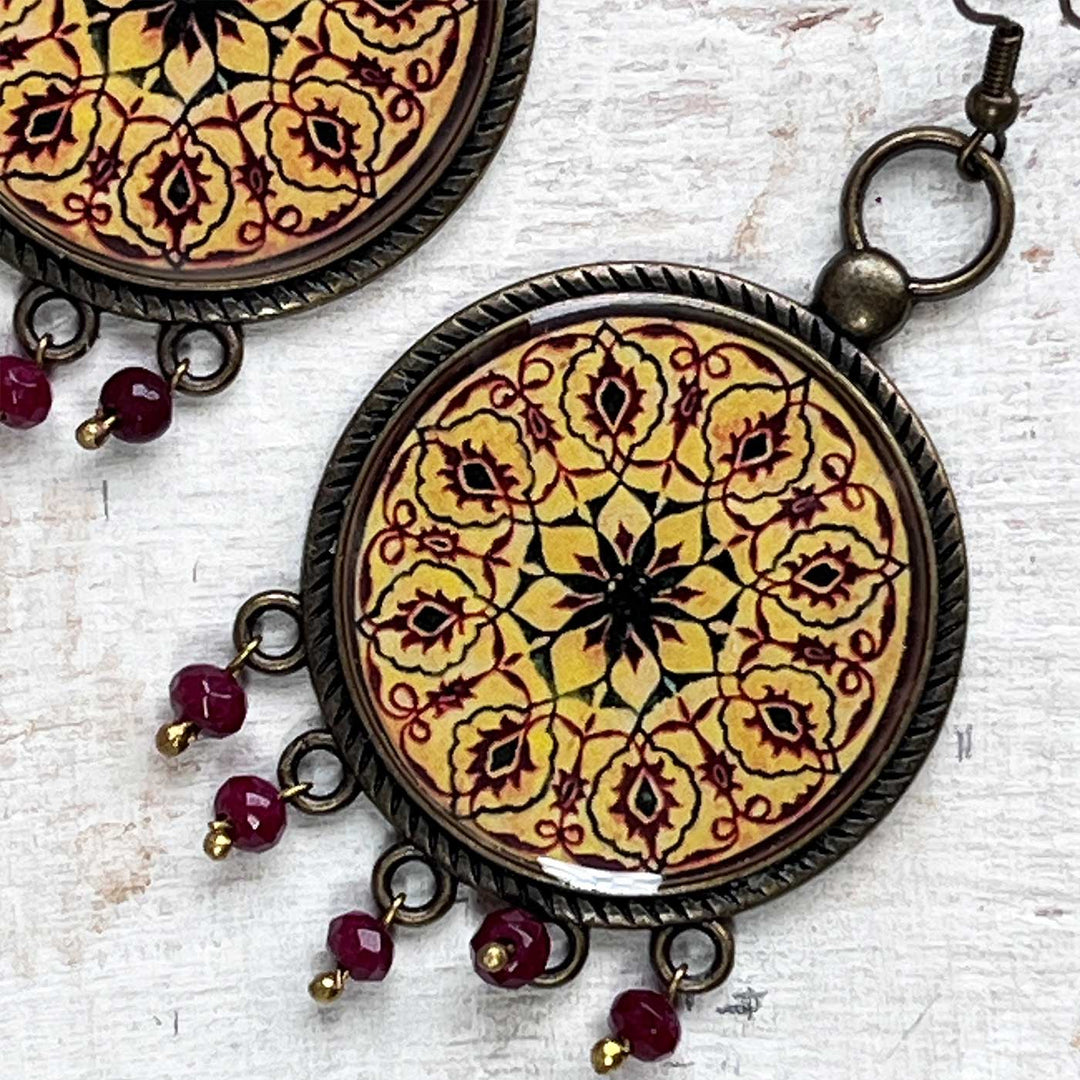 Yellow Floral Queen’s Dome Mandala Metal Earrings
