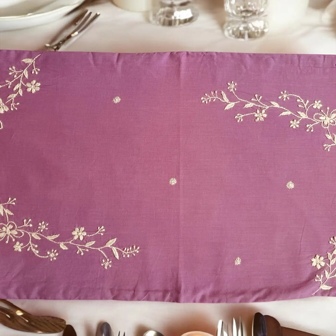 Hand Embroidered Floral Chikankari Cotton Table Runner