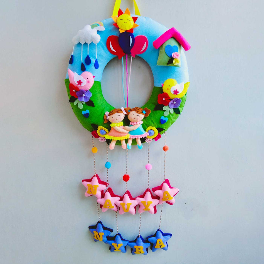 Personalized Multicolour Birds Theme Felt Kids Name Plate For Siblings - Hanging Decorative Name Display