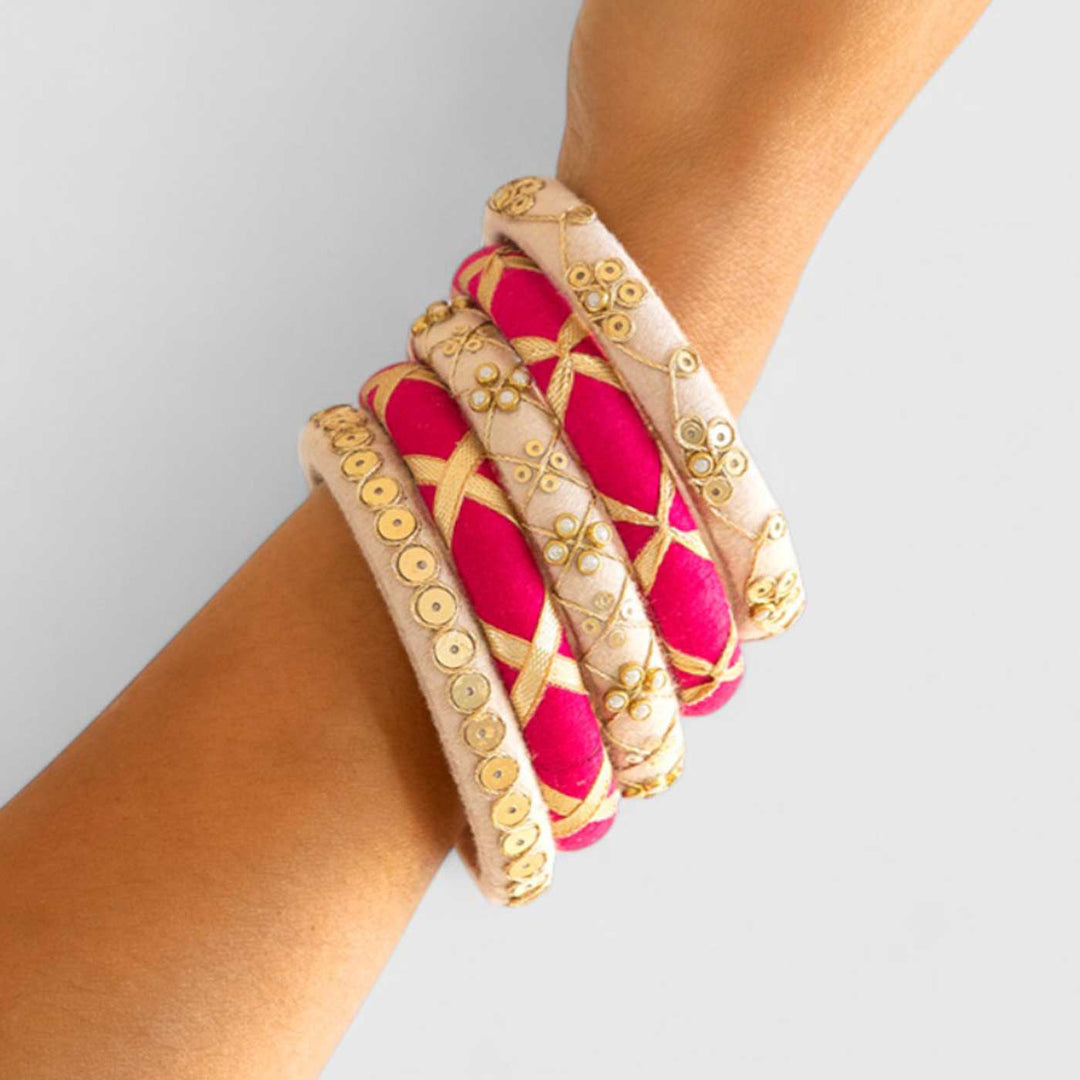 Pink & White Handcrafted Gotta Patti & Sequins Bangles | Set of 5