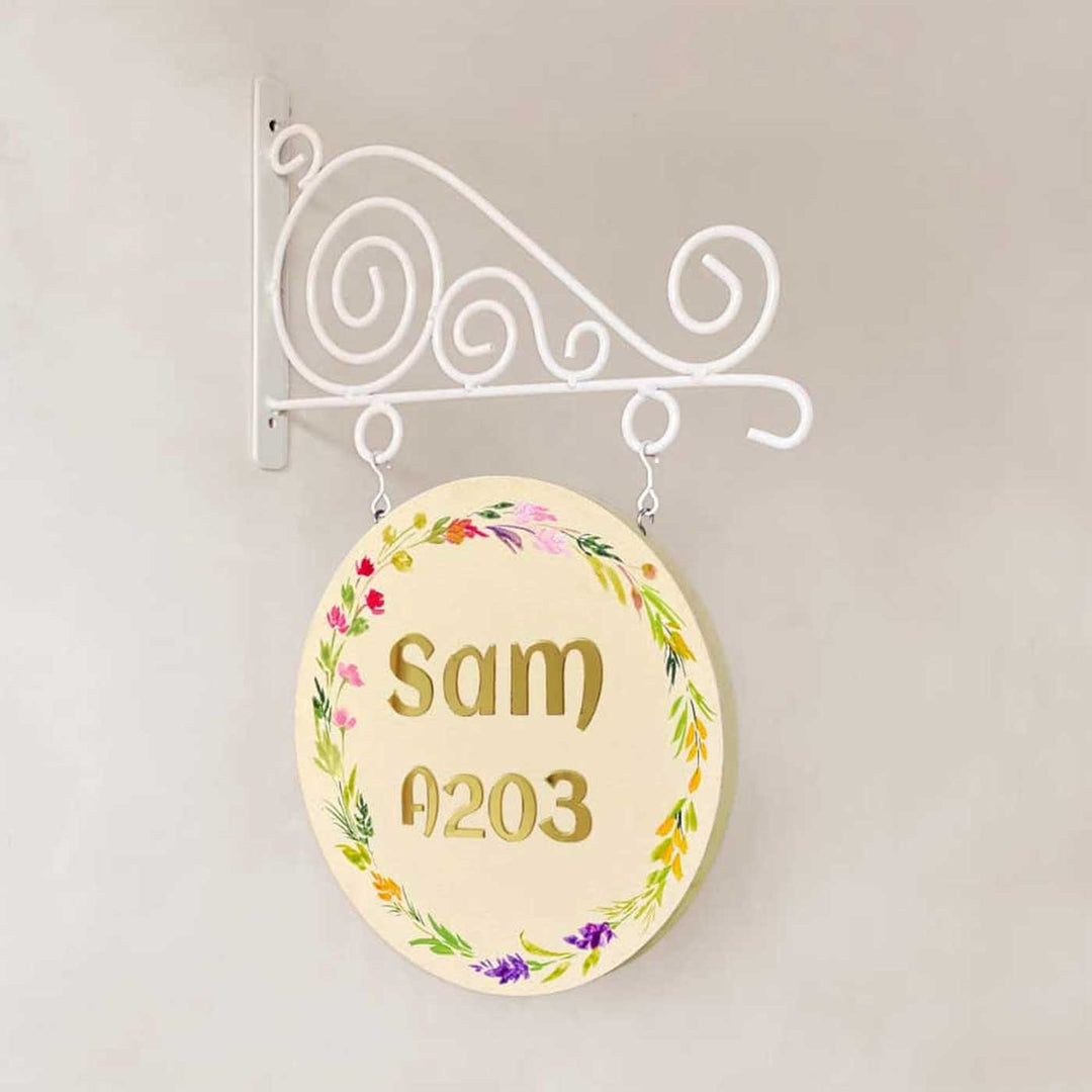Personalized Hand Painted Floral Wood And Metal Name Plate - Hanging from Decorative Wall Bracket