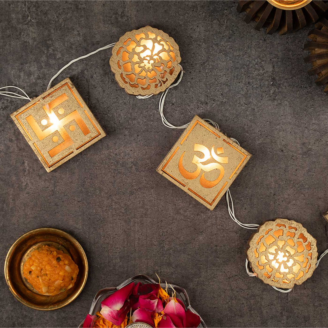 3 m, 11 Bulbs | Handmade Decorative Om & Swastik Shape 3D Wooden LED Fairy Light