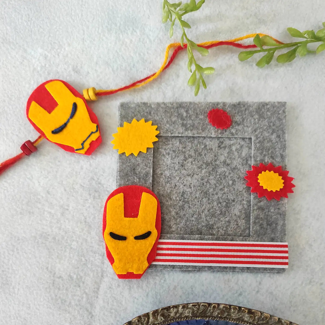 Photo Personalized Iron Man Theme Felt Rakhi Hamper With Roli Chawal Includes 1 Magnetic Photo Frame 1 Rakhi - Decorative Frame with Bracelet