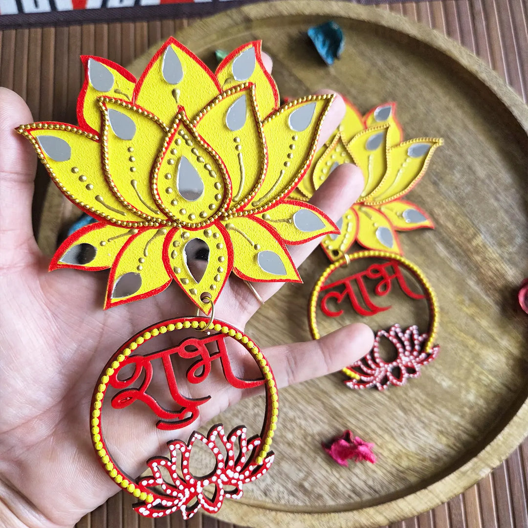 Hand-Painted Mirror Work Lotus Theme MDF Wood Shubh Labh Hangings | Set Of 2