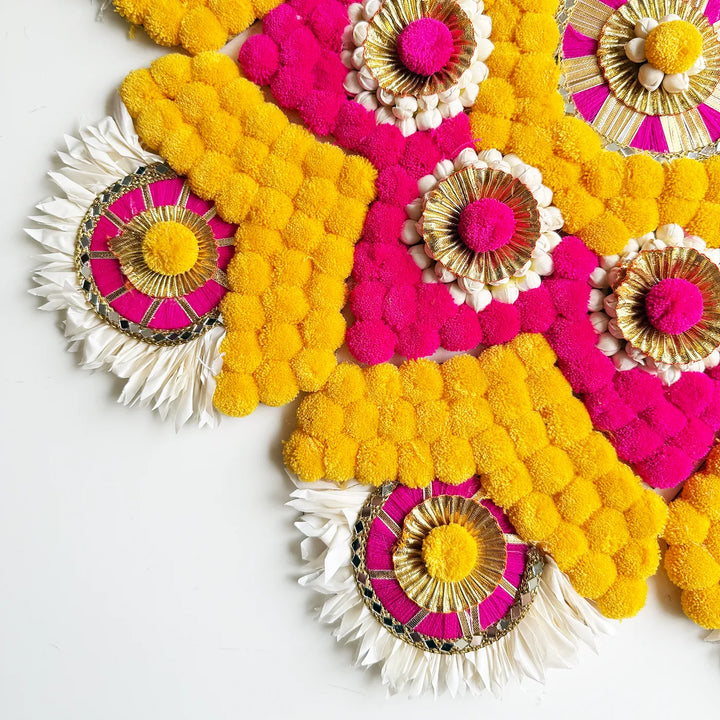 Reusable Pink & Yellow Floral Rangoli | 1 Center Piece And 8 Side Piece