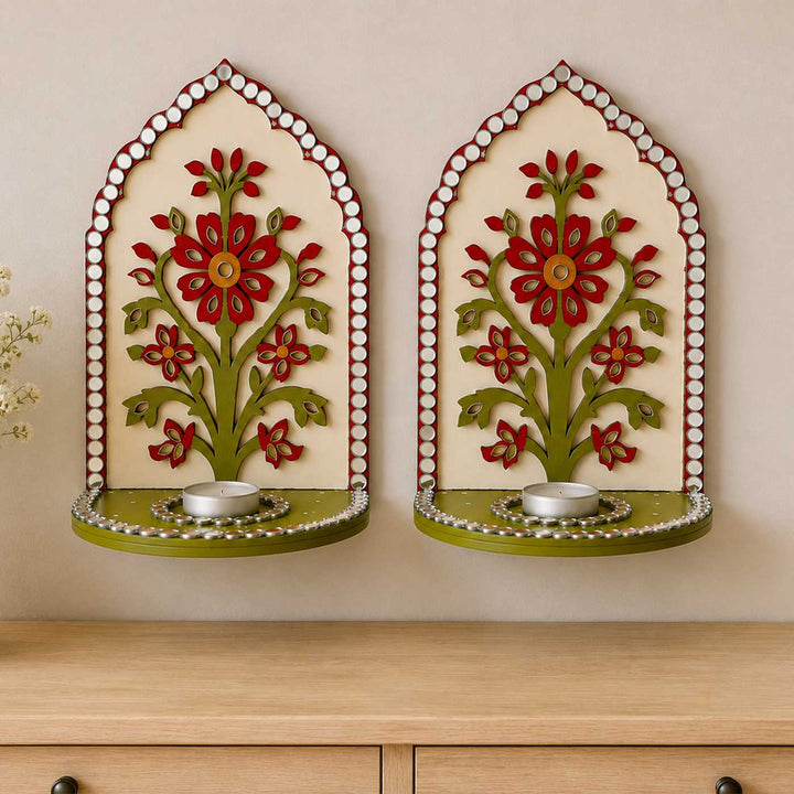 2 pc | Handcrafted Flower Mirror Work MDF Tealight Holders For Festive Decor
