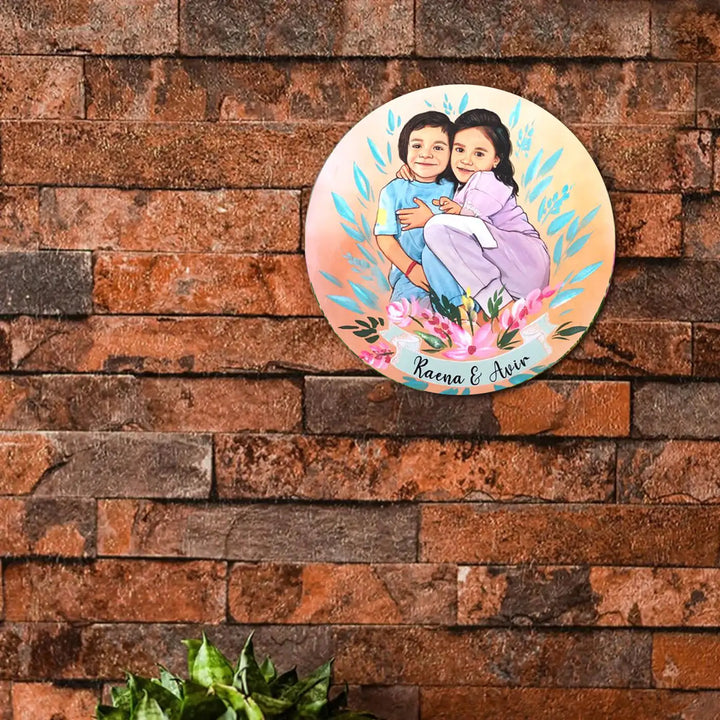 Photo Customized Rakhi Hamper With Caricature Nameplate Copy - Mounted on Brick Wall