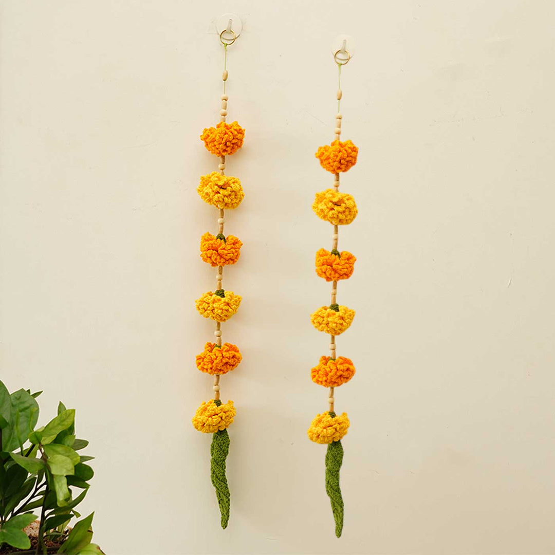 2 pc | Handmade Ashok Patta & Marigold Flower Crochet Hanging