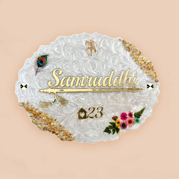 Personalized White Floral Theme Oval Resin And Acrylic Waterproof Name Plate - Front View with Name Personalization