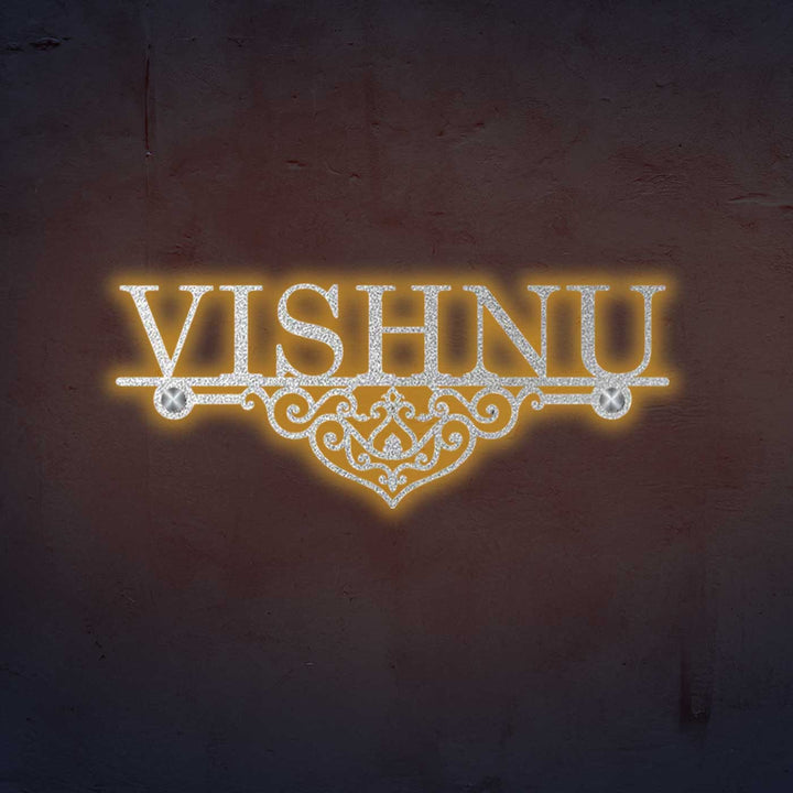 Personalized Laser Cut Elegant Design Steel Name Plate - Mounted on Wall Illuminated View