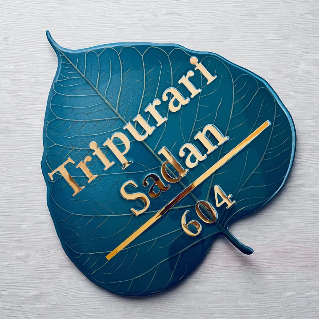 Blue Personalized Leaf Shape Resin Name Plate | With 3D Acrylic Letters