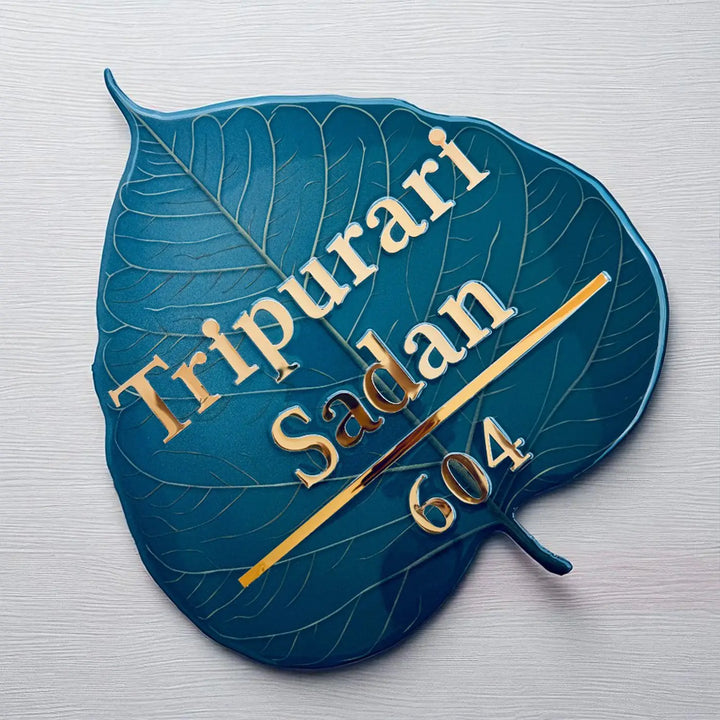 Blue Personalized Leaf Shape Resin Name Plate | With 3D Acrylic Letters