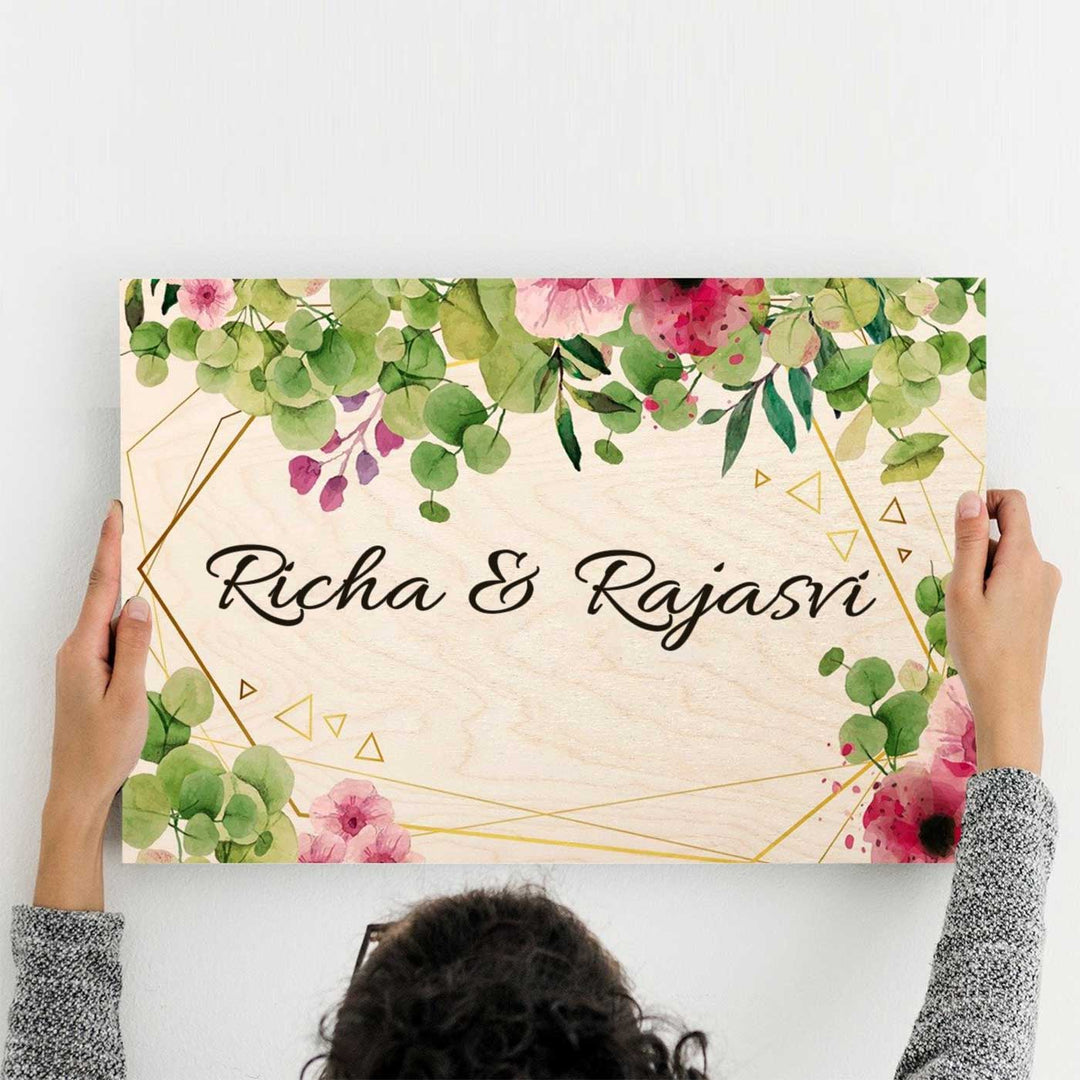 Printed Green And Pink Spring Floral Wooden Rectangle Nameplate - Holding Front View with Personalization