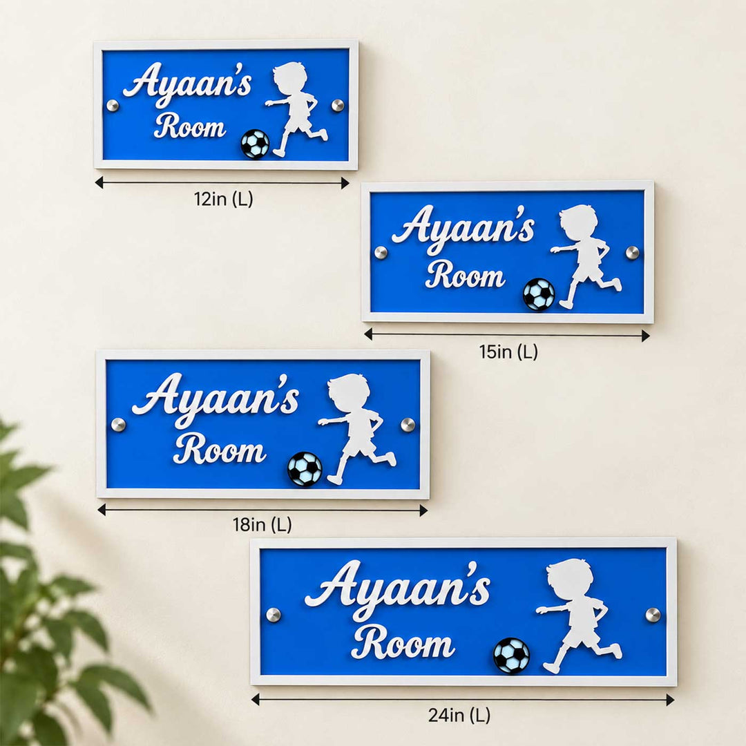 Football Theme Personalized Blue Rectangle Acrylic Name Plate For Kids