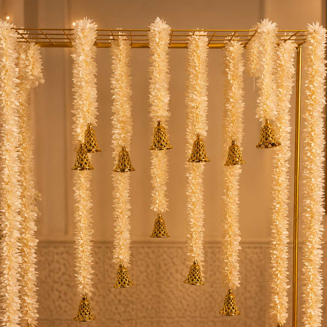 White Tassel Pooja Backdrop Decor Kit With Jaali Stand & 12 Hanging Tassels