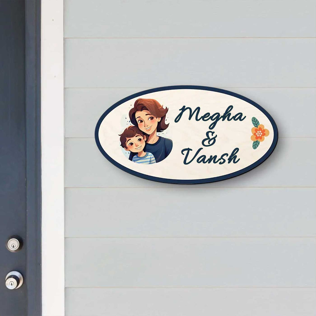 Personalized Mom And Kid Mdf Wood Name Plate - Mounted on Exterior Wall Near Door