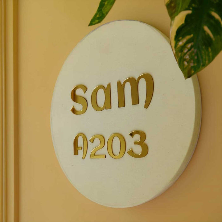 Personalized Minimal Ivory Mdf Wood Name Plate - Mounted on Wall Close-up