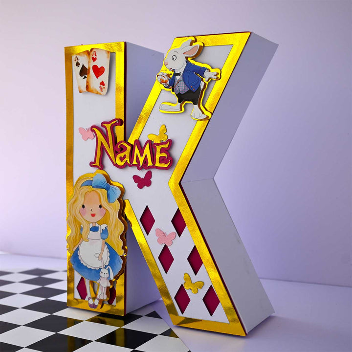 Personalized Printed Alice In Wonderland 3D Cardstock Monogram For Kids - Front View Showing Decorative Details