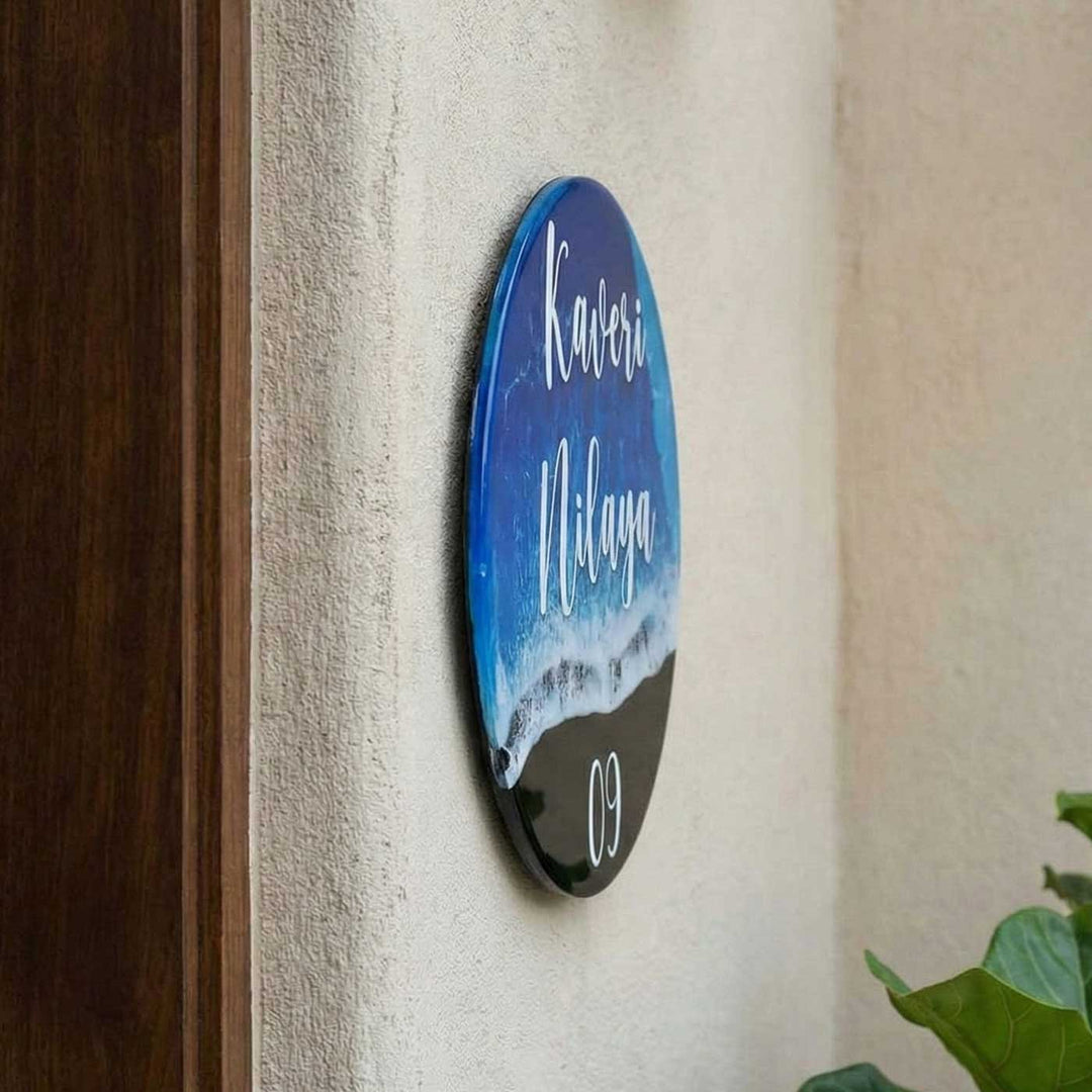 Dark Blue Personalized Ocean Effect Round Resin Name Plate | With 3D Acrylic Letters