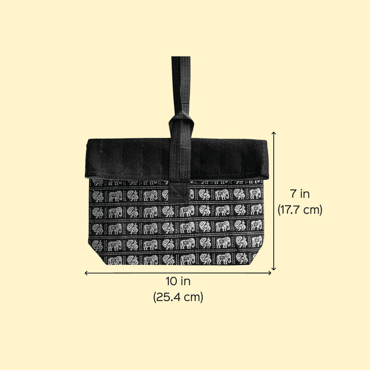 Handmade Black Elephant & Peacock Motif Khunn Fabric Cotton Wrist Purse