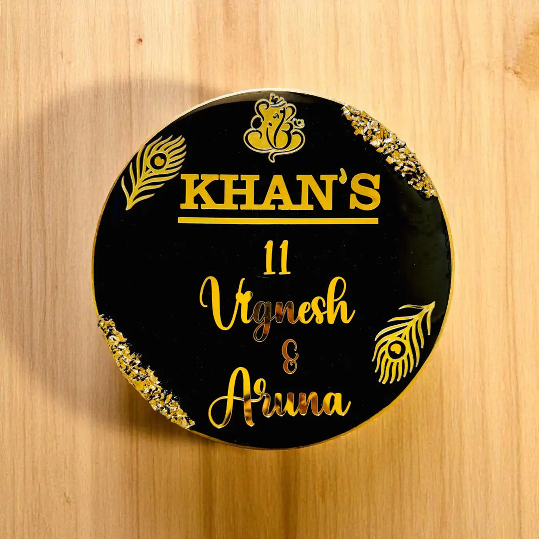 Black Feathers Personalized Round Resin Name Plate | With 3D Acrylic Letters & Gold Stone Embellishment