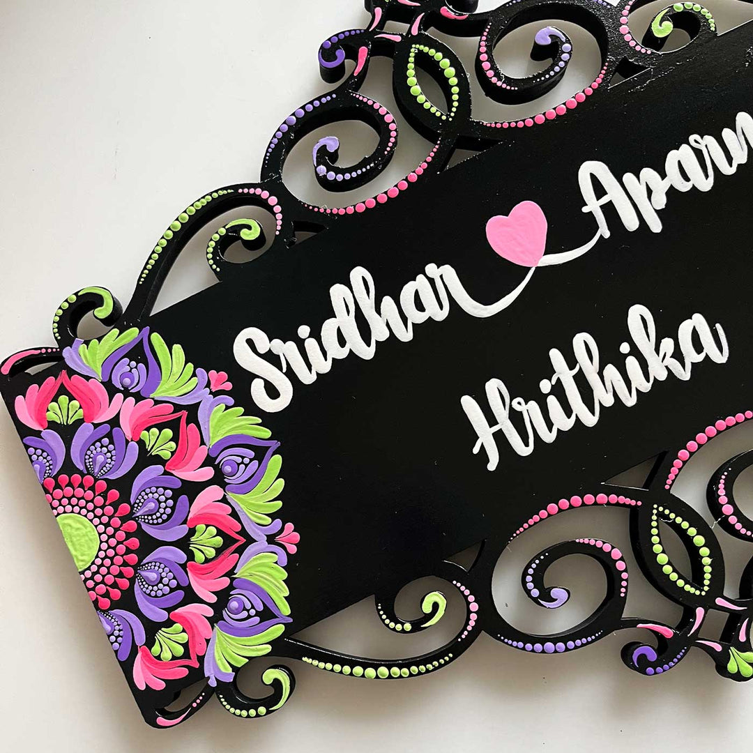 Personalized Handmade Dot Art Rectangle Mdf Wood Name Plate - Close-up of Name Personalization