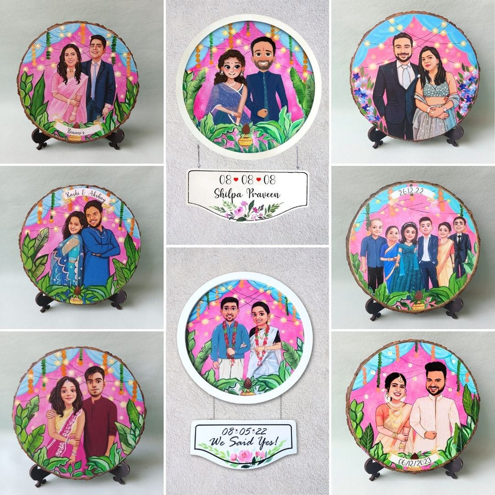 Photo Caricature Hanging Nameplate With 2 Planks Wedding Couples 1 - Multiple Personalized Front View Displays