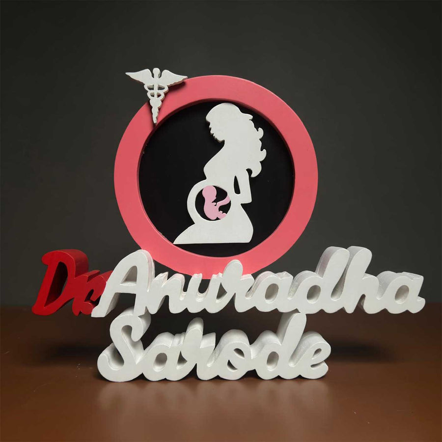 Personalized Gynaecologist Mdf Wood Desk Name Plate - Front View on Flat Surface