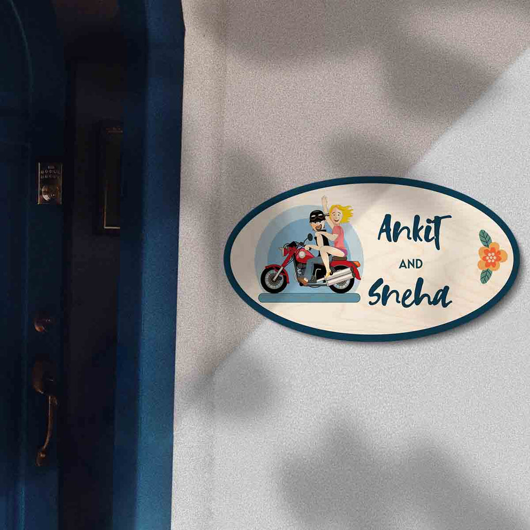 Printed Wooden Oval Character Nameplate For Couples 1 - Mounted on Wall Near Door
