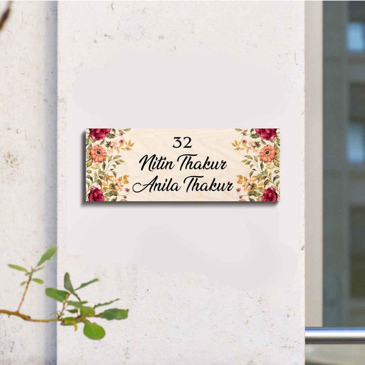 Printed Floral Wooden Rectangle Nameplate For Couples - Front View Mounted on Wall