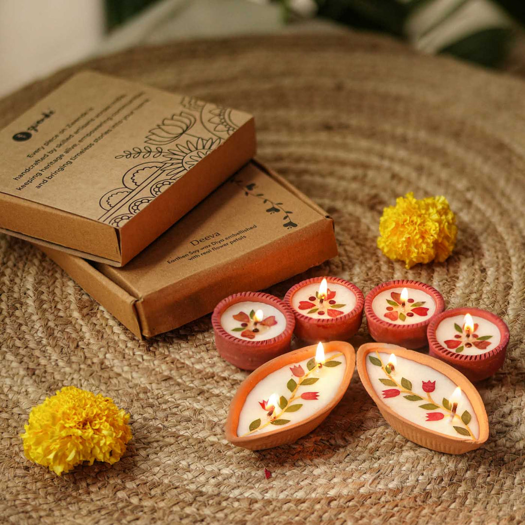 6 Diyas | Soy Wax & Dry Flower Terracota Festive Diyas | 2 Boxes, 3 Diyas per Box
