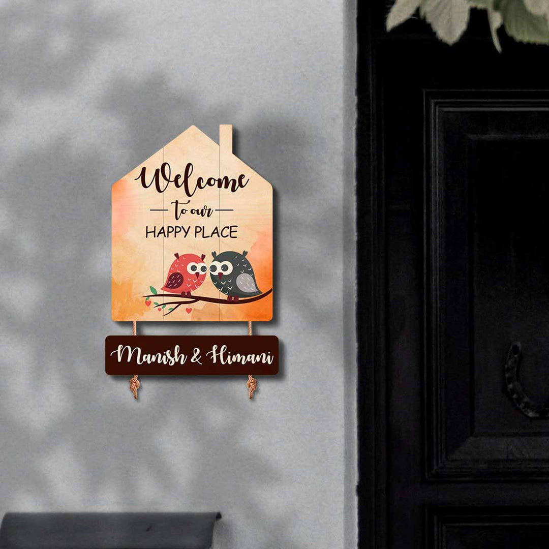 Printed Wooden House Shaped Owl Nameplate For Couples - Mounted on Wall with Hooks