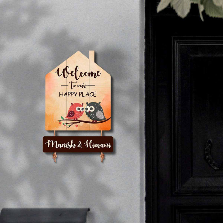 Printed Wooden House Shaped Owl Nameplate For Couples - Mounted on Wall with Hooks