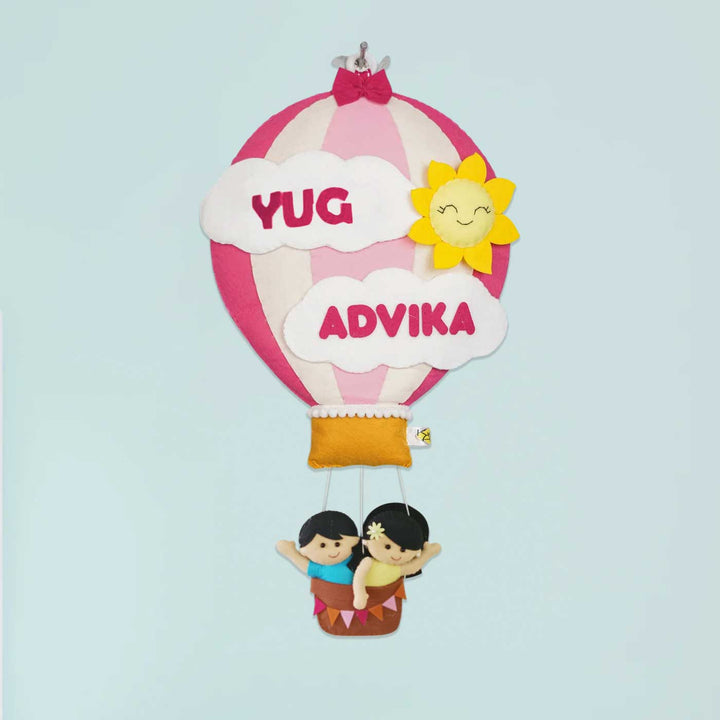 Hand Stitched Hot Air Balloon Felt Kids Nameplate With Birthdates - Front View Hanging on Wall (8)