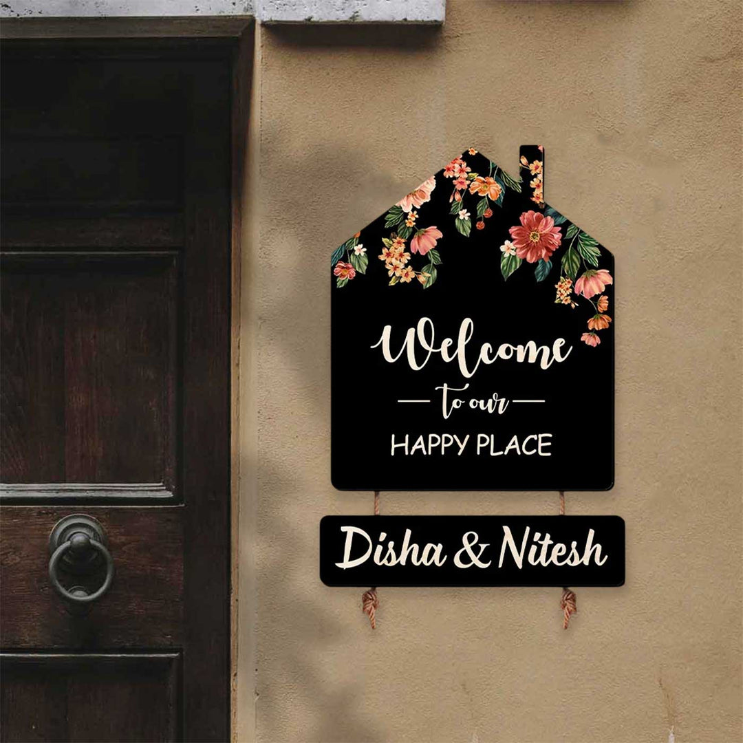 Personalized Black Floral Theme Mdf Wood Name Plate - Mounted on Entryway Wall
