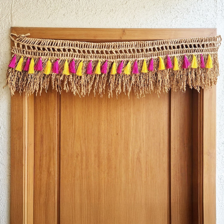 40 In | Handmade Dried Paddy Pink & Yellow Tassel Toran