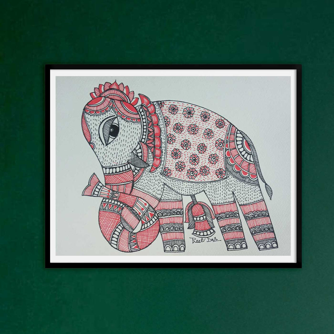 11 x 8 Inch | Red Elephant | Original Hand Painted Madhubani Painting | Acrylic Paints On Paper