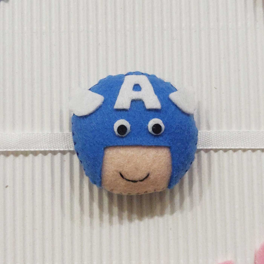 Handmade Captain America Theme Felt Kids Rakhi With Roli Chawal 10 - Front View Close-up