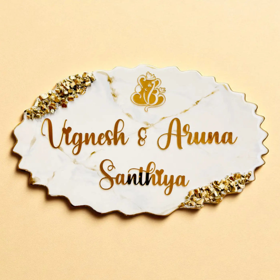 White & Gold Personalized Marble Effect Oval Resin Name Plate | With 3D Acrylic Letters & Gold Stone Embellishment