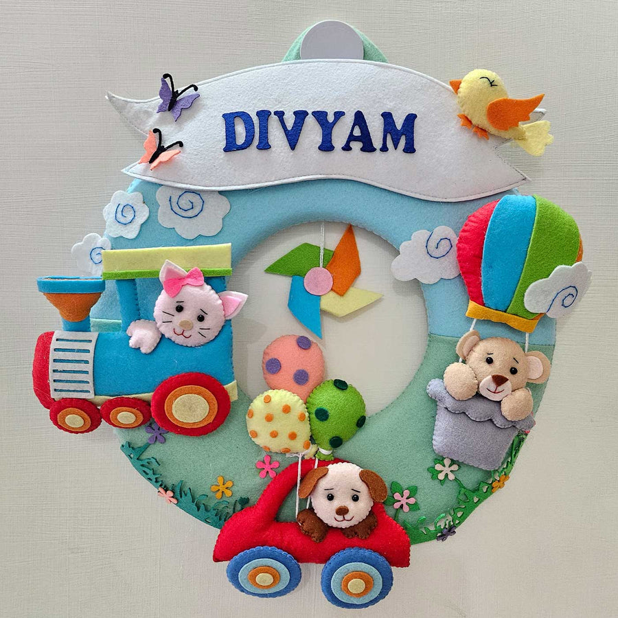 Personalized Animals Theme Felt Kids Name Plate New - Front View with Name Personalization