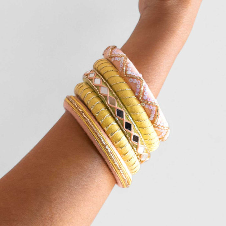 Yellow & Peach Handcrafted Elegant Mirror Work Bangles | Set of 5