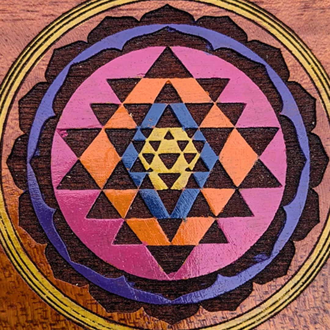 Engraved & Hand-Painted Sri Chakra Mahogany Wood Fridge Magnet
