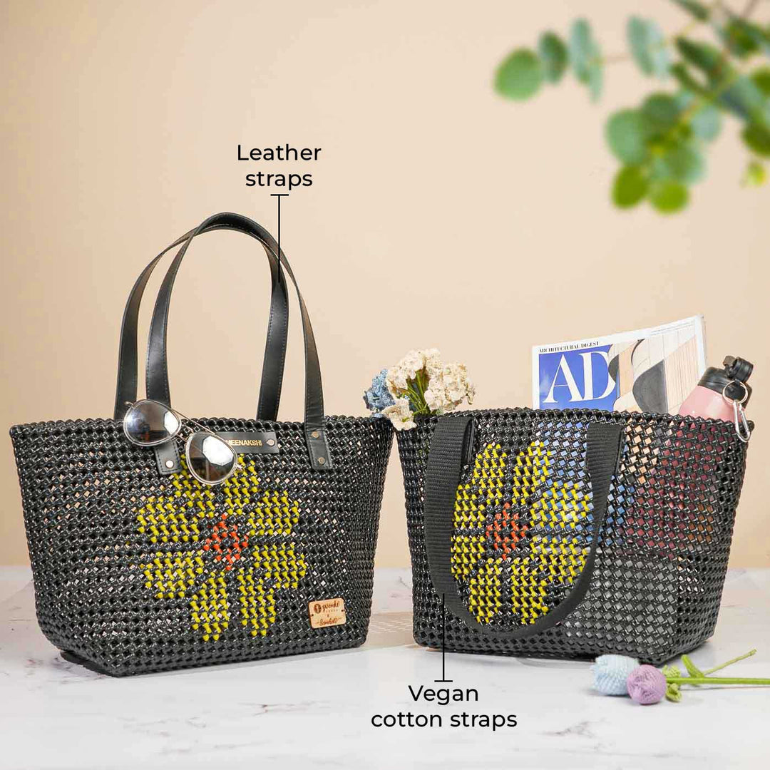 Black Side Flower Design Mukhya Knot Handmade Koodai Market Bag