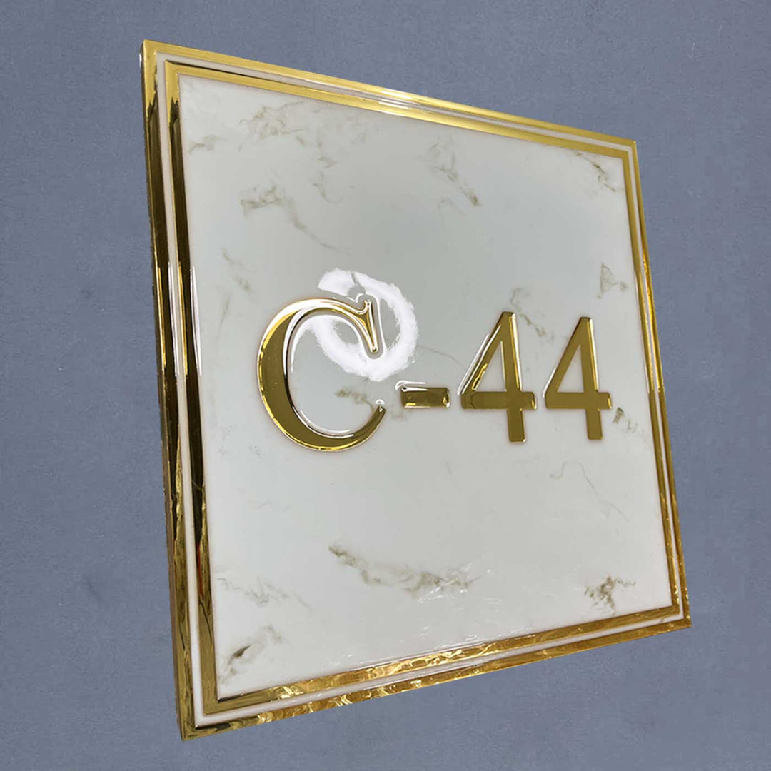 Personalized White And Gold Wave Textured Resin Name Plate - Angled View Showing Number Detail