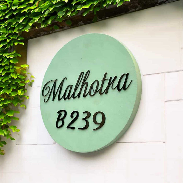 Personalized Minimal Sage Green Mdf Wood Name Plate - Mounted on Exterior Wall Close-up